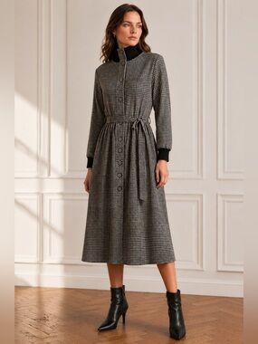 Vintage Bogner Virgin Wool Houndstooth Midi Shirt Dress US 10 Short